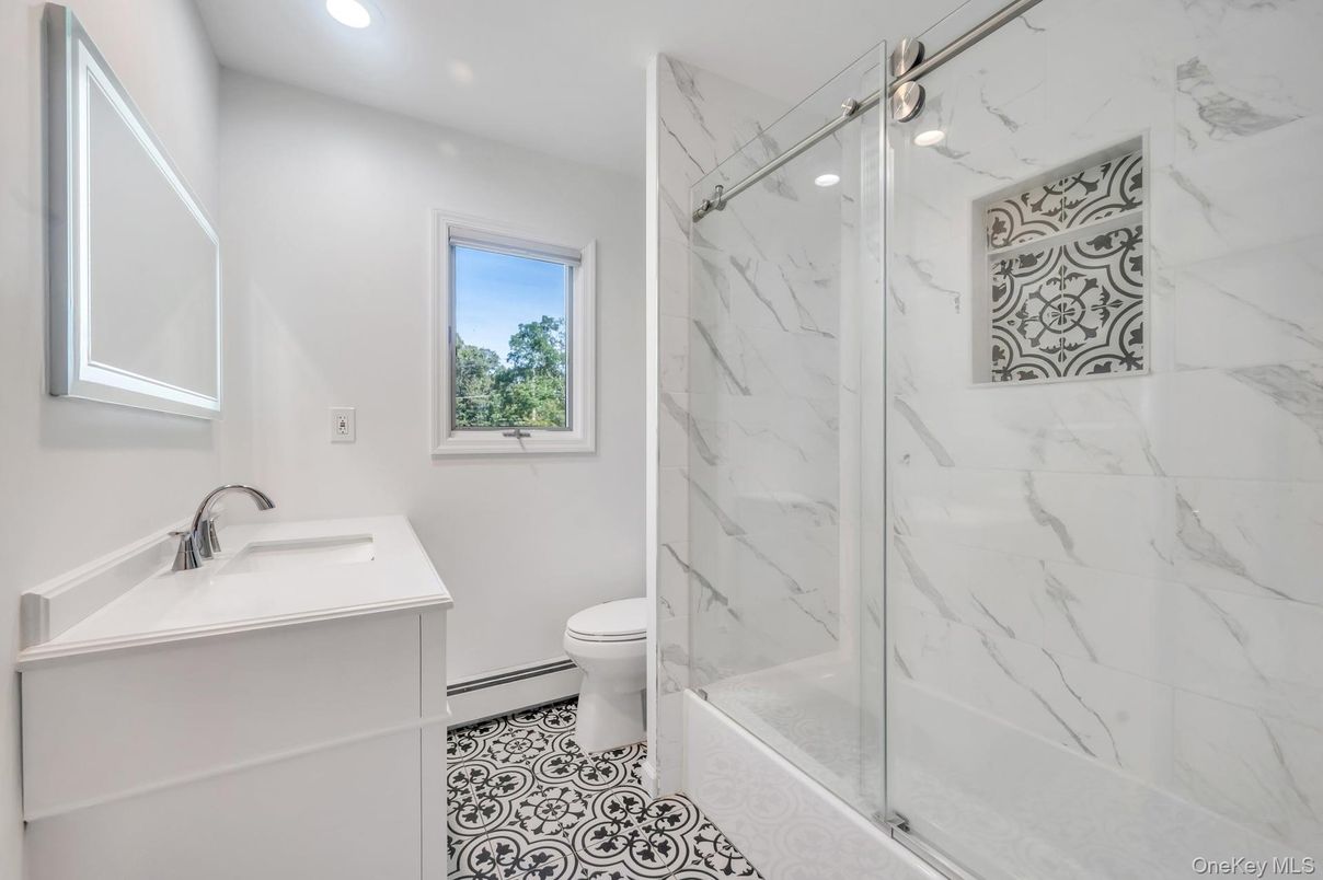 Bathroom, Glass Shower, Interior, Marble Walls, Recessed Lighting