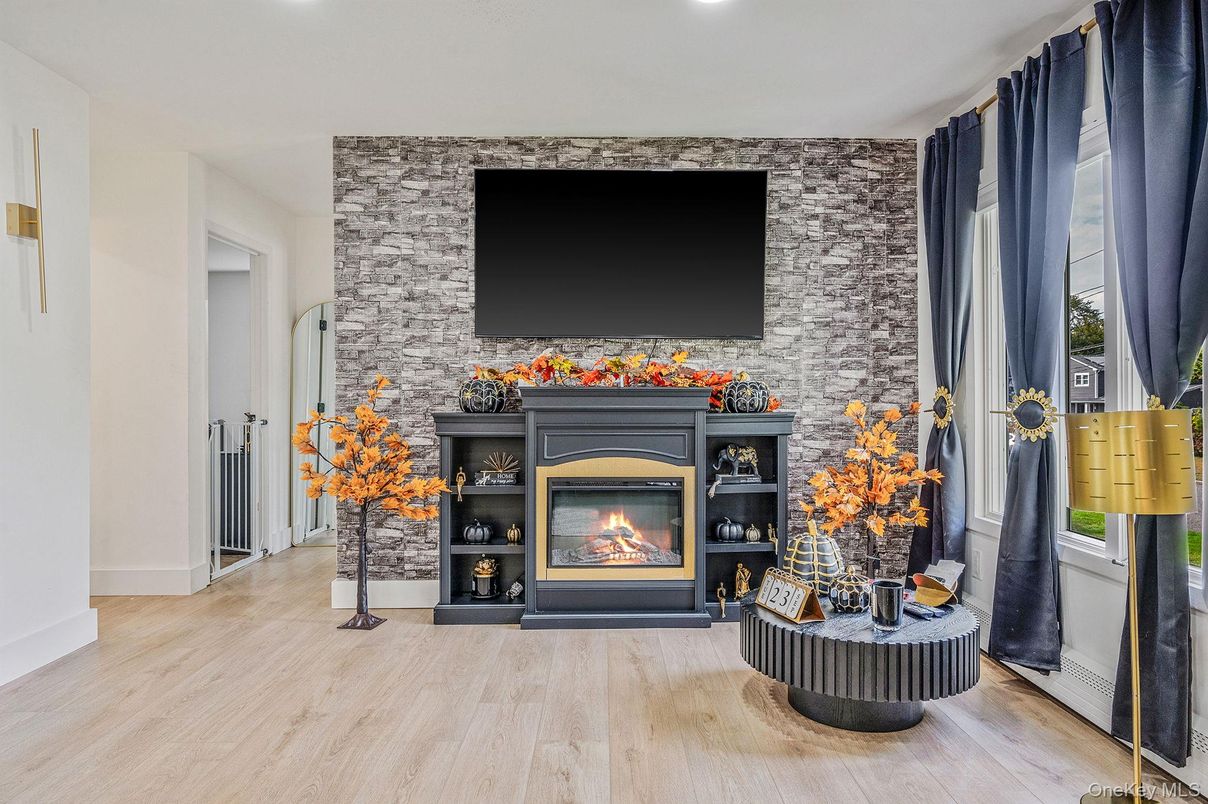 Fireplace, Interior, Recessed Lighting, Stone Walls, Wood Texture Flooring