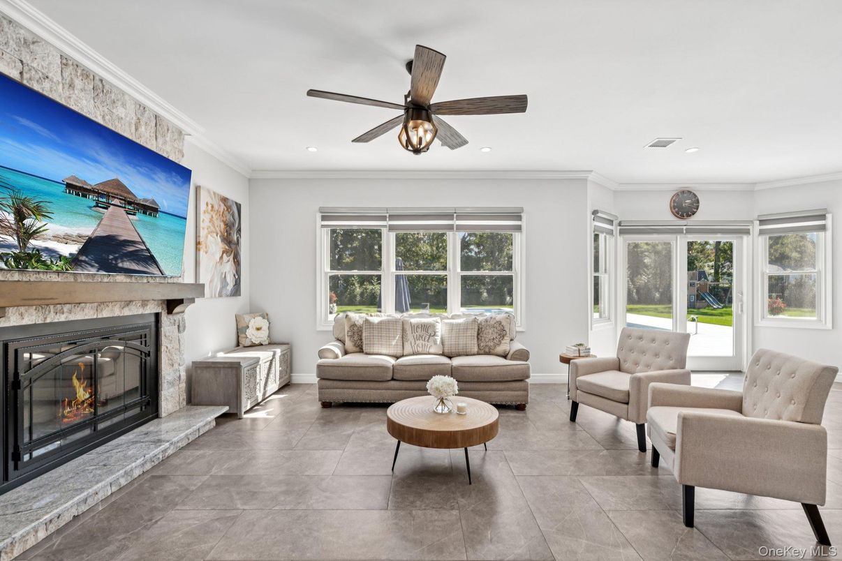Fireplace, Interior, Living room, Recessed Lighting, Sun Room