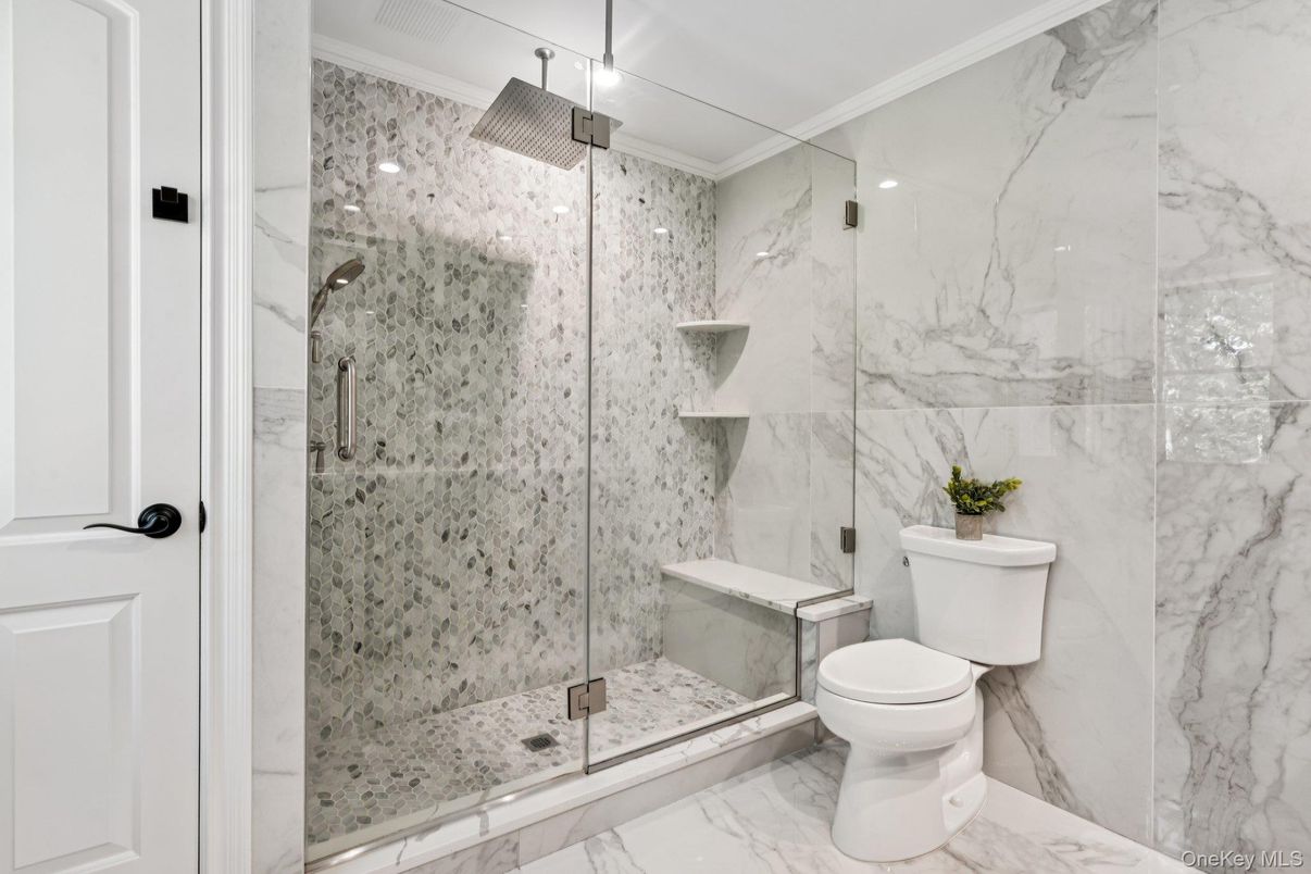 Bathroom, Glass Shower, Interior, Marble, Marble Walls, Recessed Lighting
