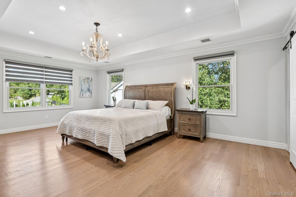 Bedroom, Chandelier, Interior, Recessed Lighting, Wood Texture Flooring