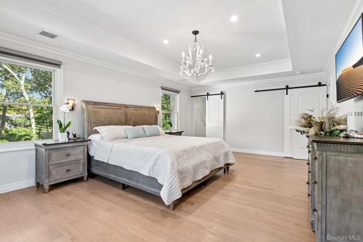 Bedroom, Chandelier, Interior, Recessed Lighting, Wood Texture Flooring