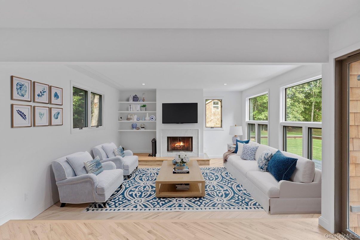 Fireplace, Interior, Living room, Recessed Lighting, Wood Texture Flooring