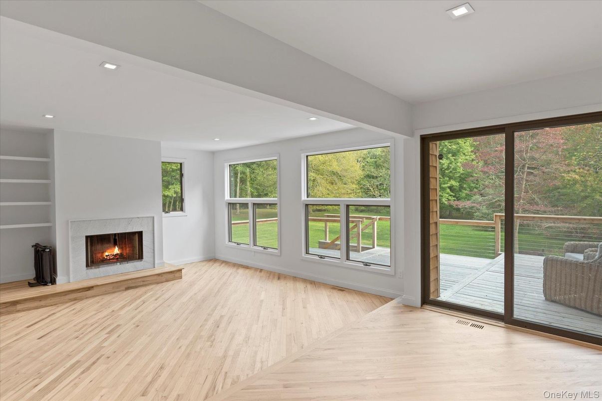 Empty room, Fireplace, Interior, Recessed Lighting, Wood Texture Flooring