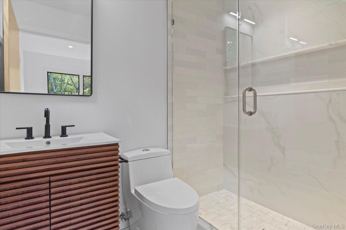 Bathroom, Glass Shower, Interior, Marble Walls, Recessed Lighting