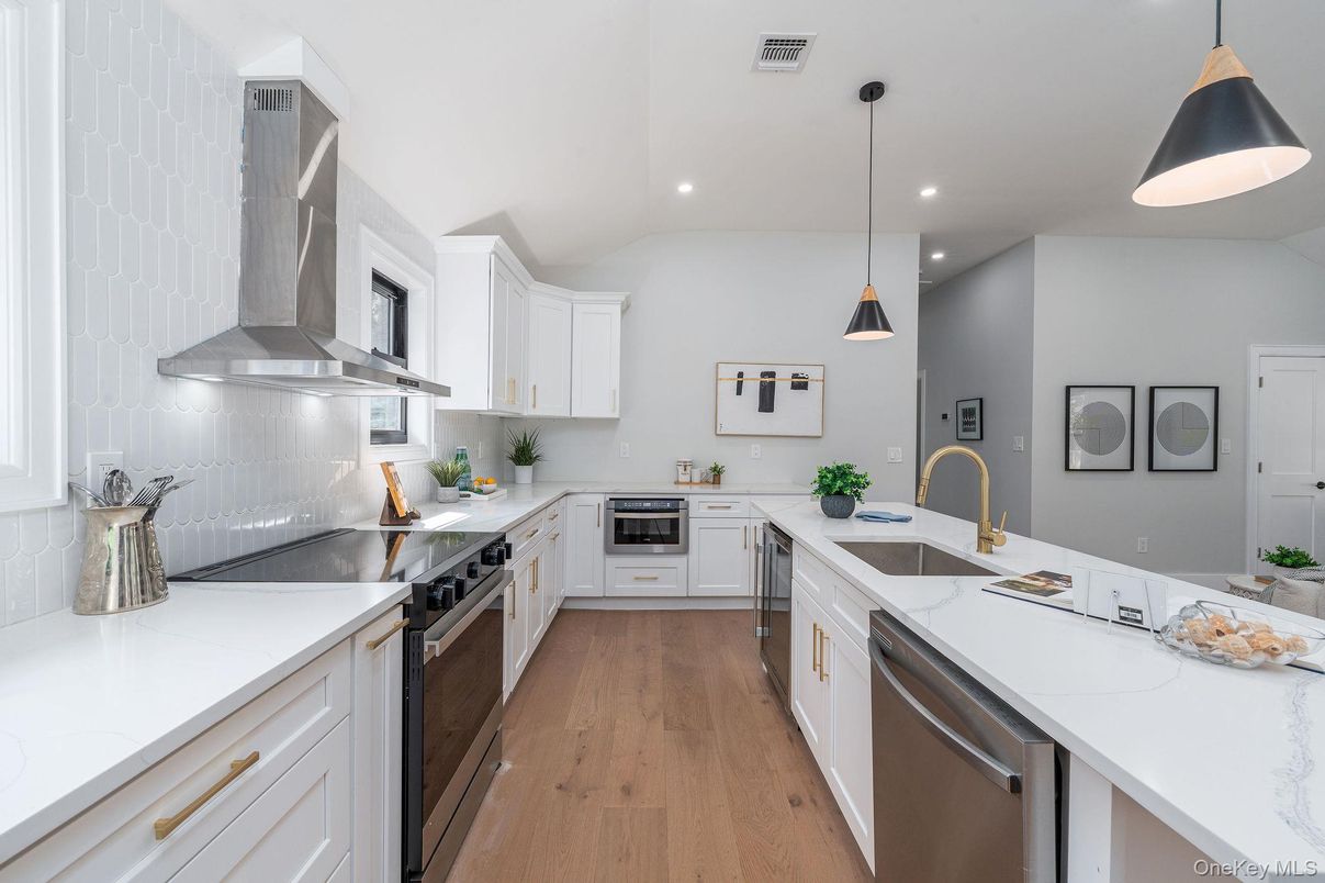 Interior, Kitchen, Pendant Lights, Recessed Lighting, Stainless Steel Appliances, Wood Texture Flooring