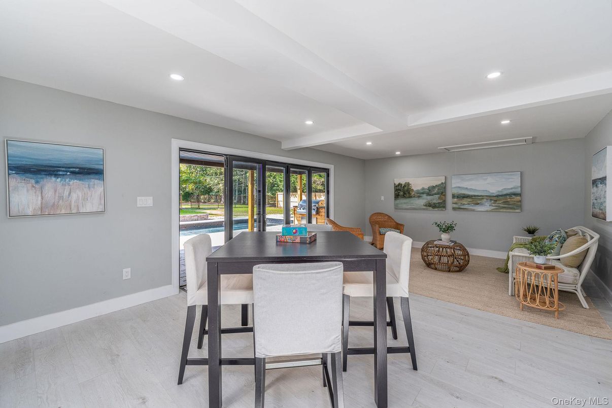 Dining room, Interior, Recessed Lighting, Wood Texture Flooring