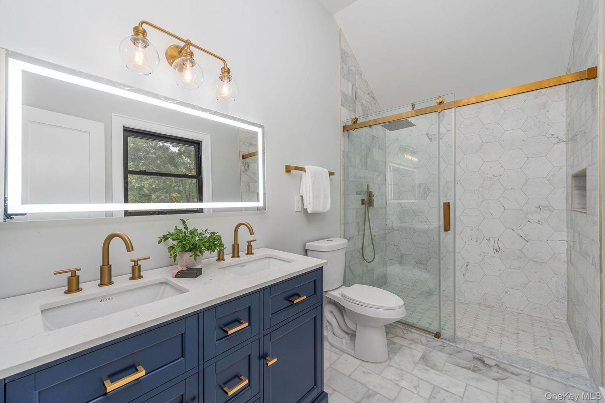 Bathroom, Dual Sink Vanities, Glass Shower, Interior, Marble, Marble Walls