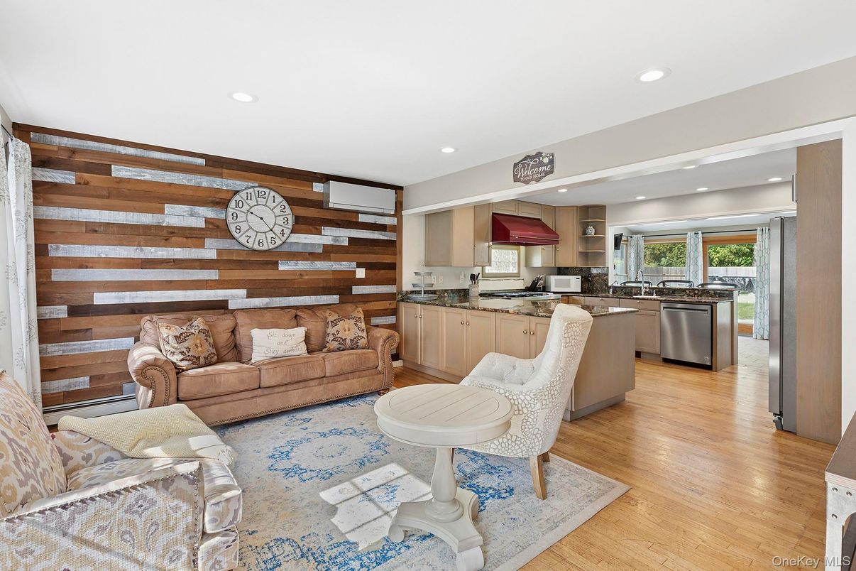 Interior, Kitchen, Living room, Recessed Lighting, Stainless Steel Appliances, Wood Texture Flooring, Wooden Walls