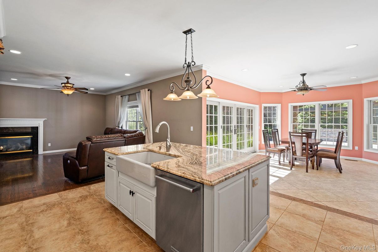 Dining room, Fireplace, Interior, Kitchen, Living room, Pendant Lights, Recessed Lighting, Wood Texture Flooring