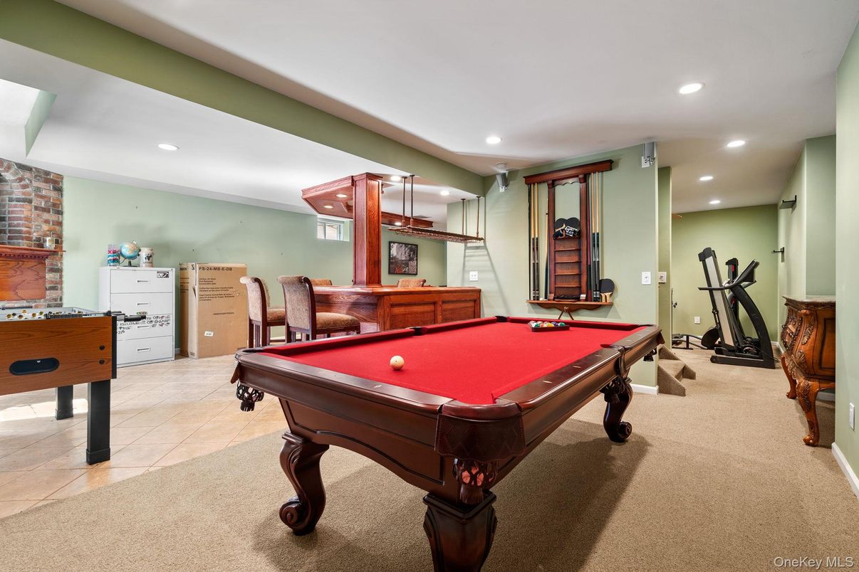 Billiard Table, Fitness Equipment, Game Room, Interior, Recessed Lighting, Stone Walls