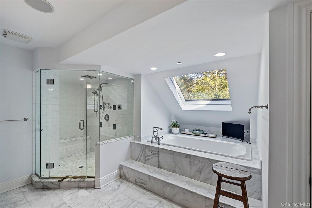 Bathroom, Glass Shower, Interior, Marble, Recessed Lighting