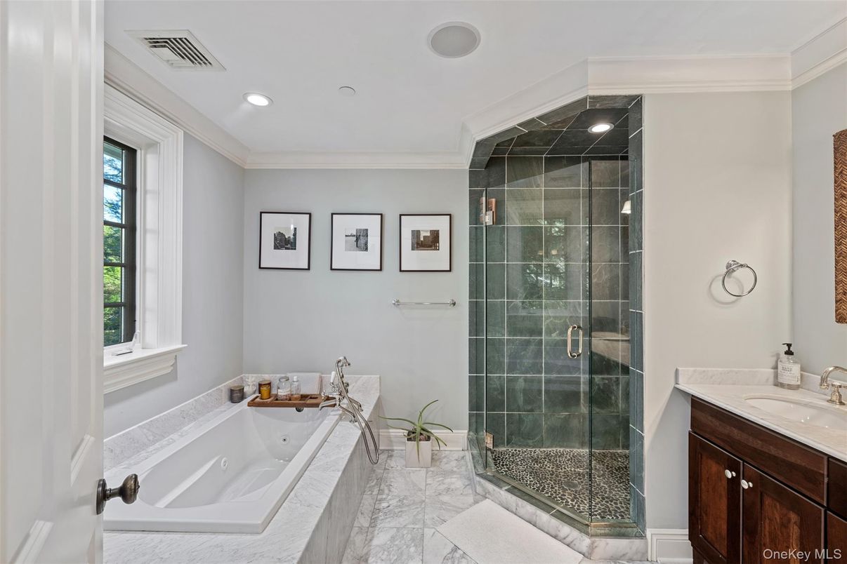 Bathroom, Glass Shower, Interior, Marble, Recessed Lighting