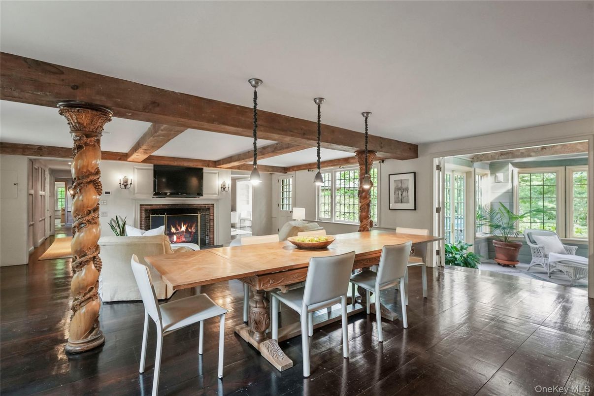 Dining room, Fireplace, Interior, Pendant Lights, Wooden Beams, Wood Texture Flooring