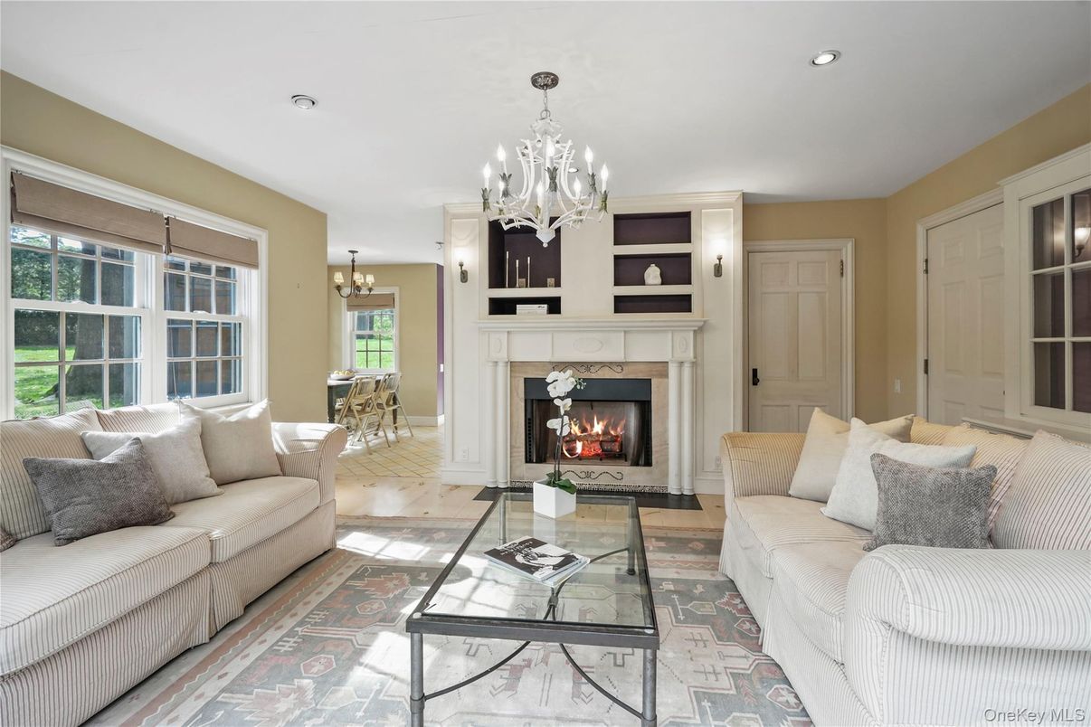Chandelier, Fireplace, Interior, Living room, Recessed Lighting