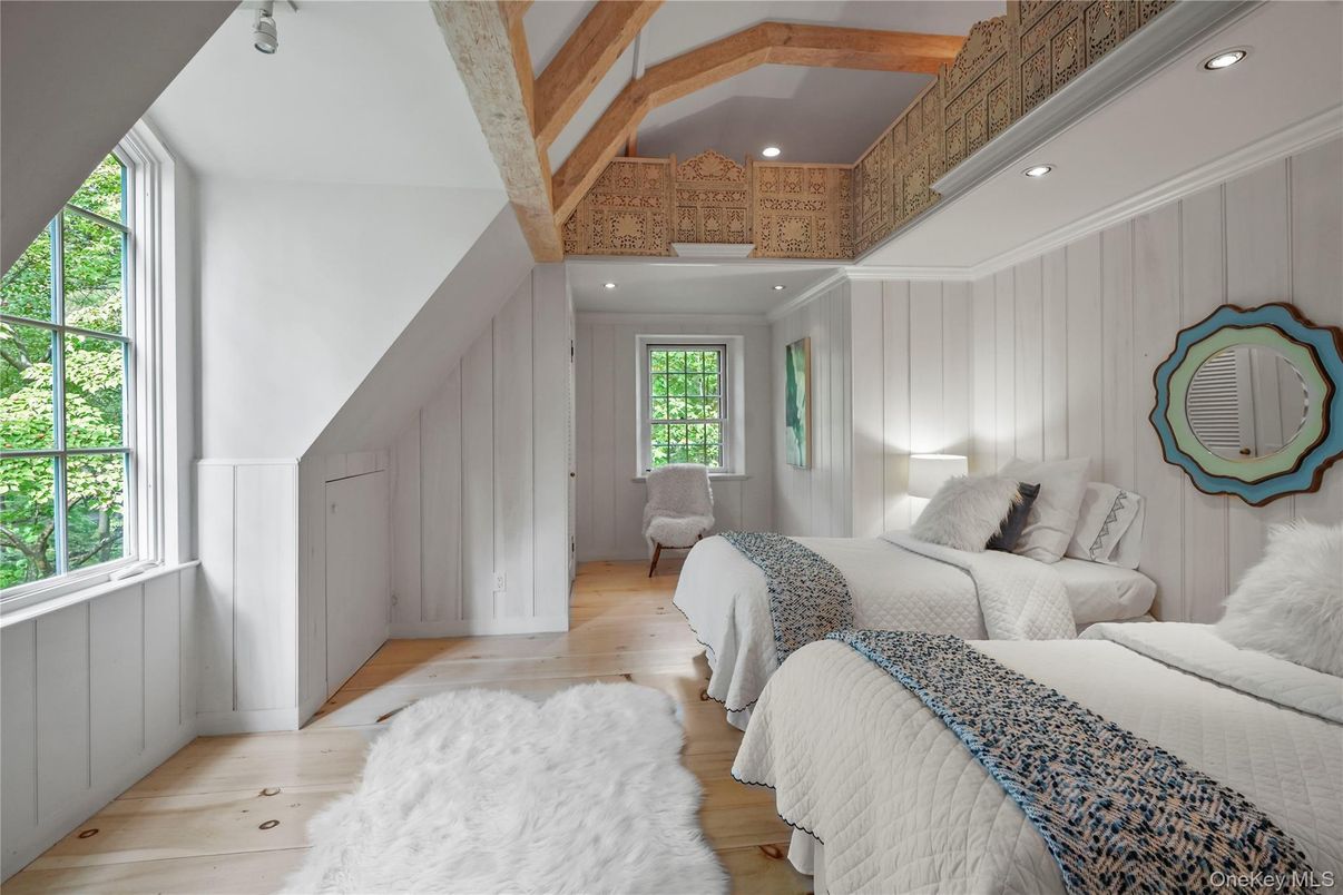 Bedroom, Interior, Recessed Lighting, Wooden Beams, Wood Texture Flooring