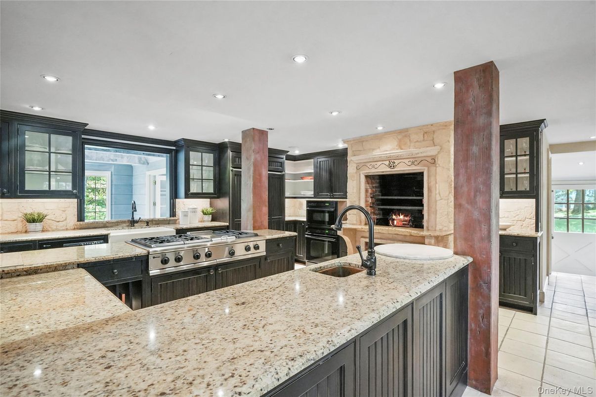 Fireplace, Interior, Kitchen, Recessed Lighting, Stainless Steel Appliances