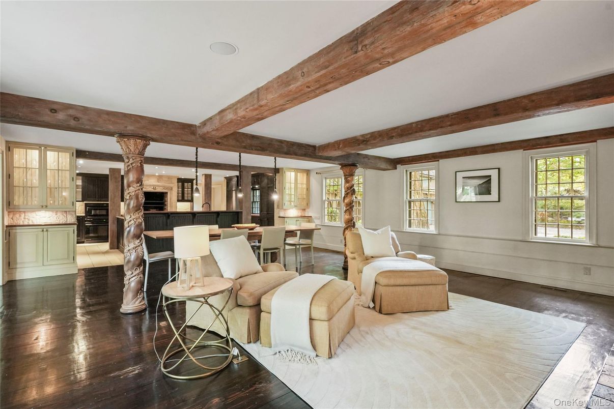 Dining room, Interior, Kitchen, Living room, Pendant Lights, Wooden Beams, Wood Texture Flooring