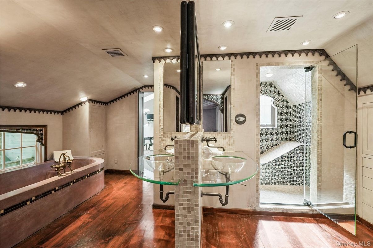 Bathroom, Glass Shower, Interior, Recessed Lighting, Wood Texture Flooring