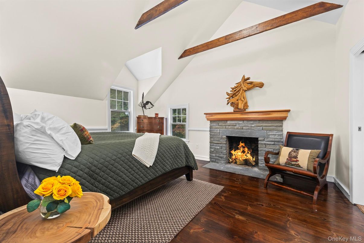 Bedroom, Fireplace, Interior, Wooden Beams, Wood Texture Flooring