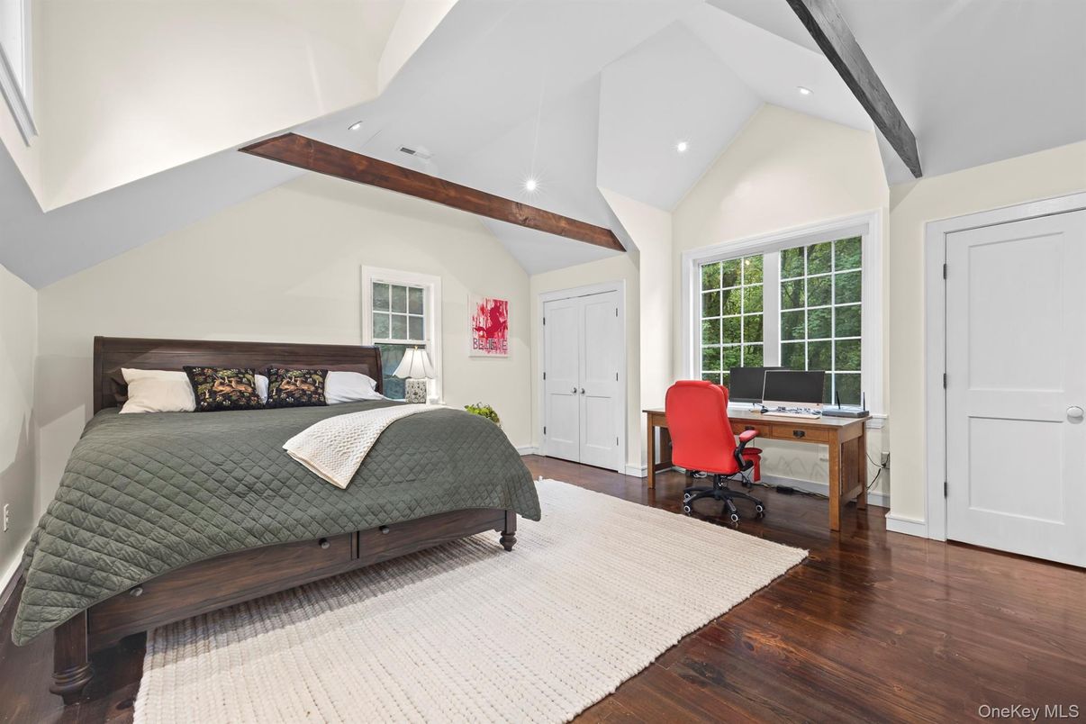 Bedroom, Home Office, Interior, Recessed Lighting, Wooden Beams, Wood Texture Flooring