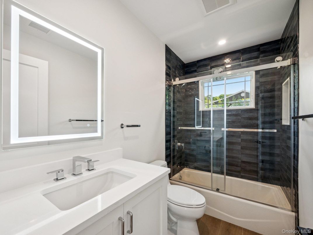 Bathroom, Glass Shower, Interior, Recessed Lighting, Wood Texture Flooring