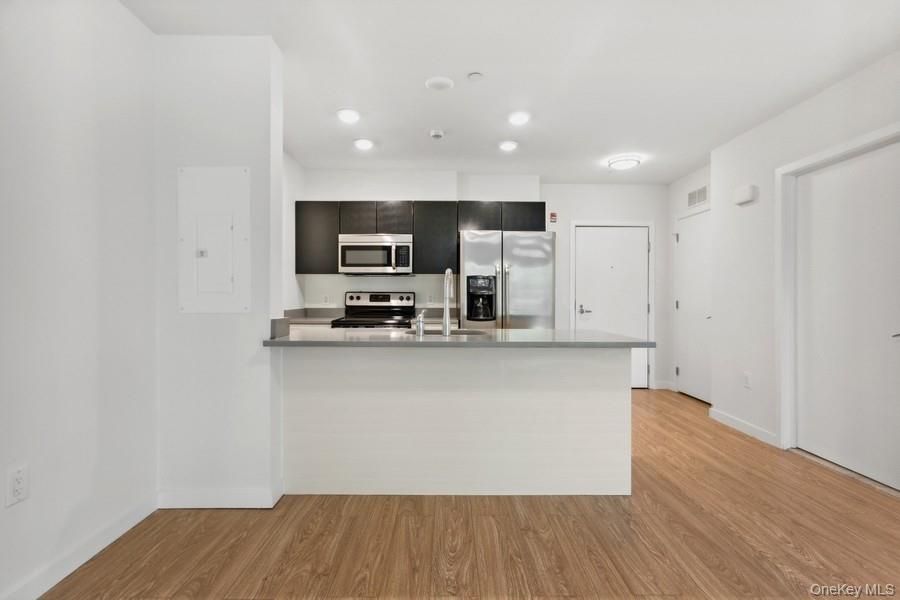 Interior, Kitchen, Recessed Lighting, Stainless Steel Appliances, Wood Texture Flooring