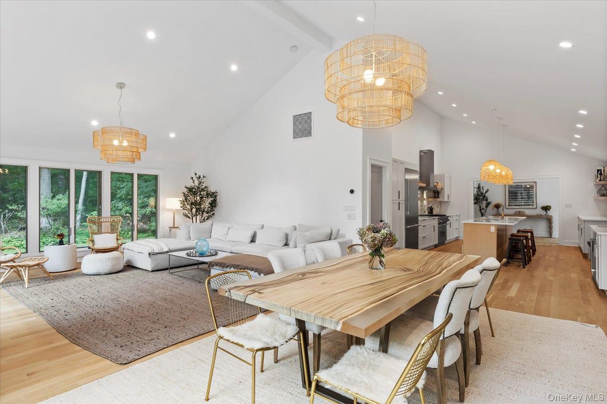 Chandelier, Dining room, Interior, Kitchen, Living room, Pendant Lights, Recessed Lighting, Wood Texture Flooring