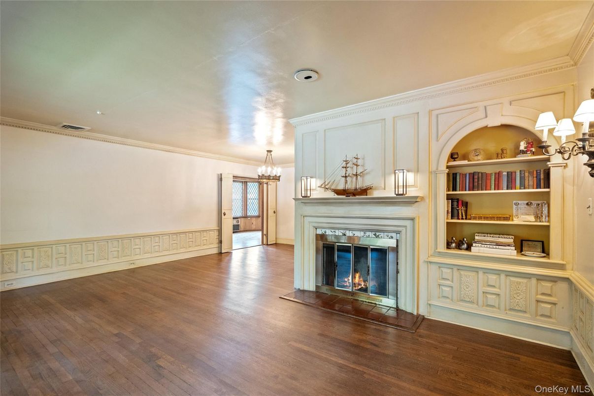 Chandelier, Empty room, Fireplace, Interior, Wood Texture Flooring
