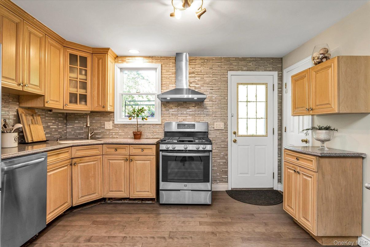 Interior, Kitchen, Stainless Steel Appliances, Stone Walls, Wood Texture Flooring