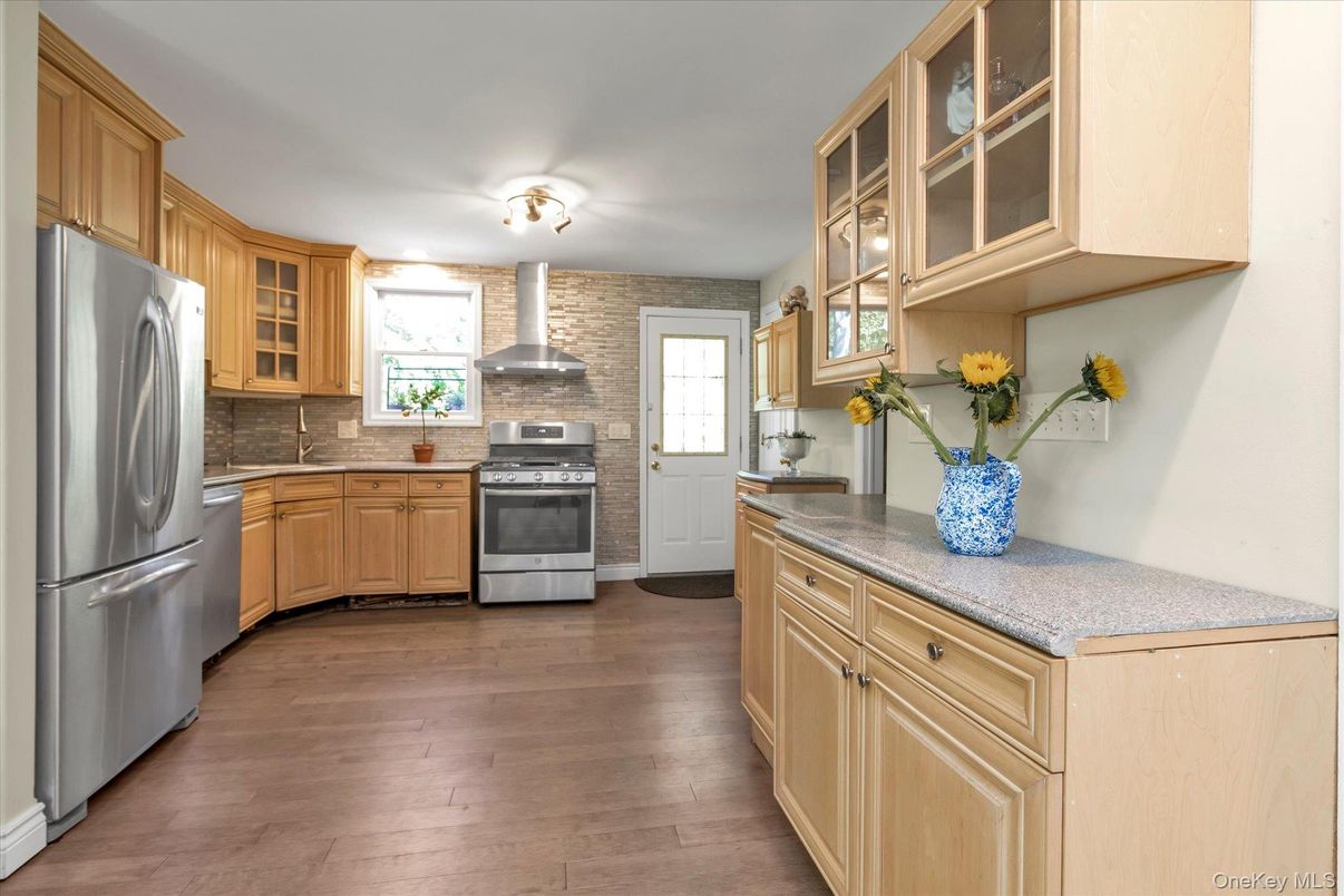 Interior, Kitchen, Stainless Steel Appliances, Stone Walls, Wood Texture Flooring