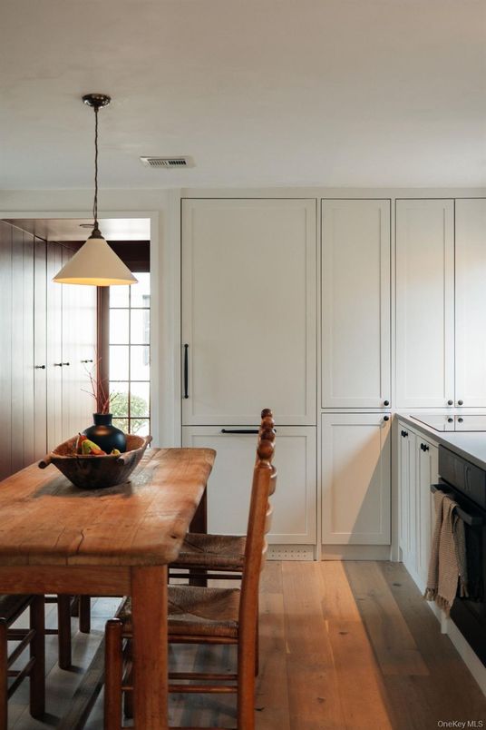 Dining room, Interior, Pendant Lights, Wood Texture Flooring