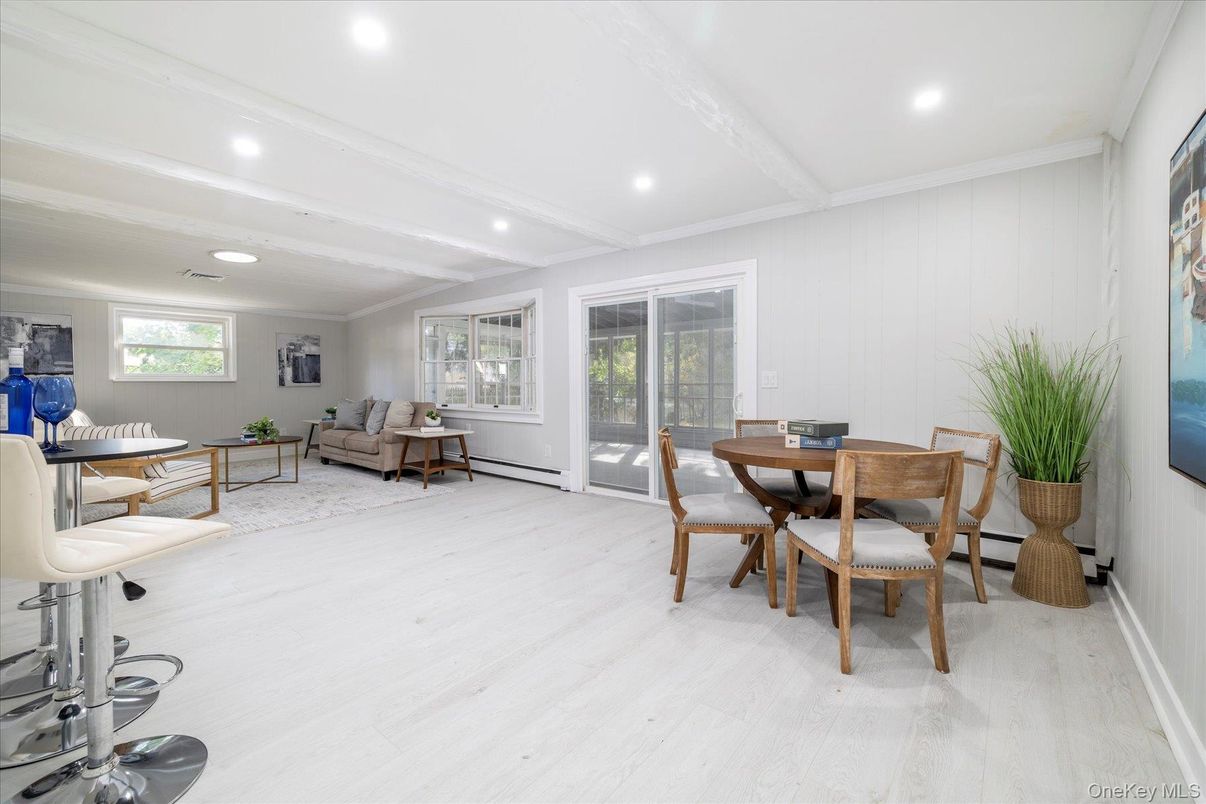 Dining room, Interior, Living room, Recessed Lighting, Wood Texture Flooring