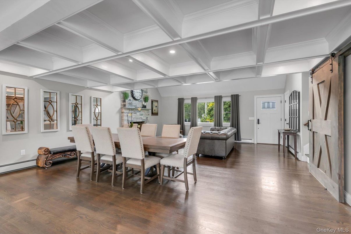 Dining room, Fireplace, Interior, Recessed Lighting, Wood Texture Flooring