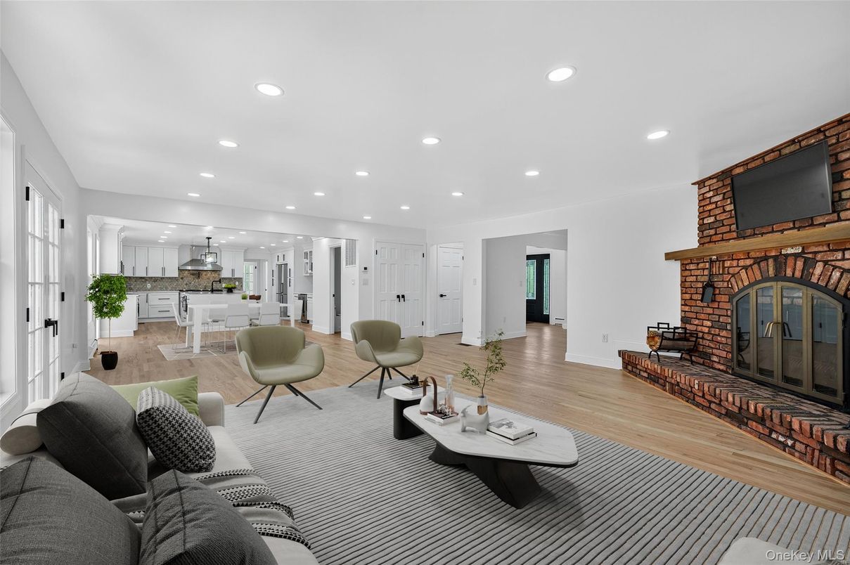 Dining room, Fireplace, Interior, Kitchen, Living room, Pendant Lights, Recessed Lighting, Wood Texture Flooring