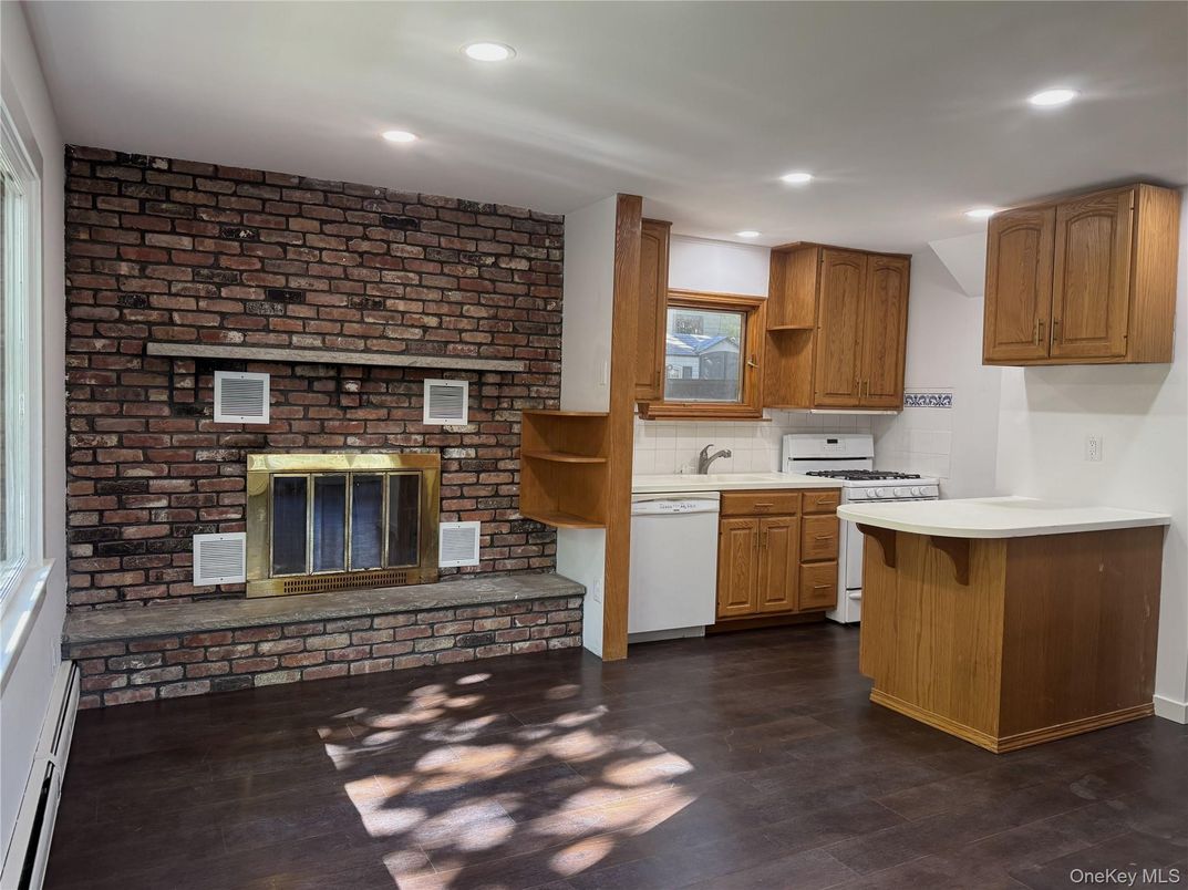 Fireplace, Interior, Kitchen, Recessed Lighting, Stone Walls