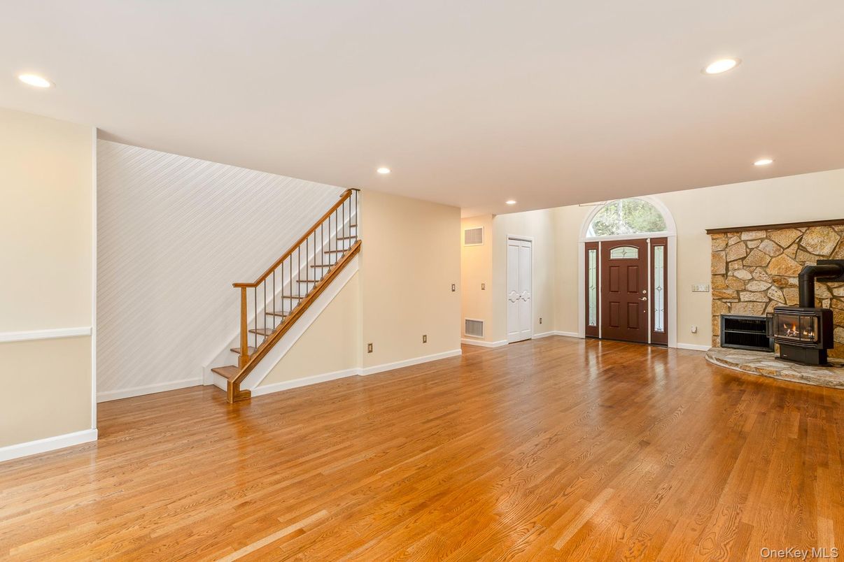 Empty room, Fireplace, Interior, Recessed Lighting, Wood Texture Flooring