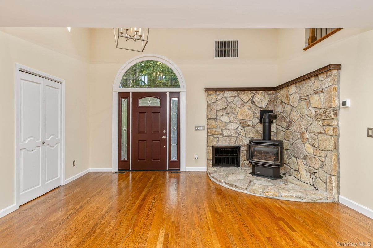 Fireplace, Interior, Pendant Lights, Stone Walls, Wood Texture Flooring