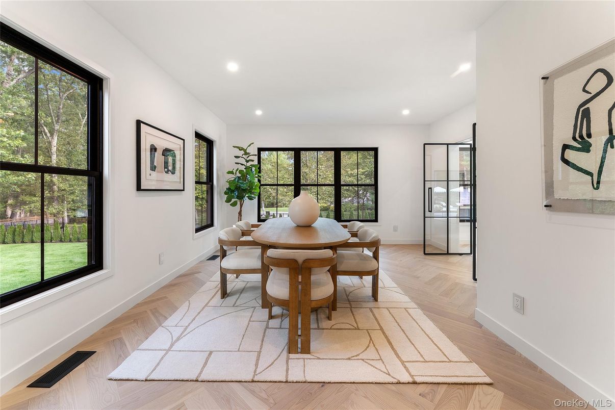 Dining room, Interior, Recessed Lighting, Wood Texture Flooring