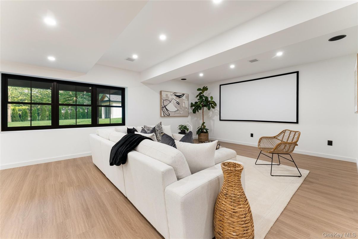 Interior, Living room, Projection Screen, Recessed Lighting, Wood Texture Flooring