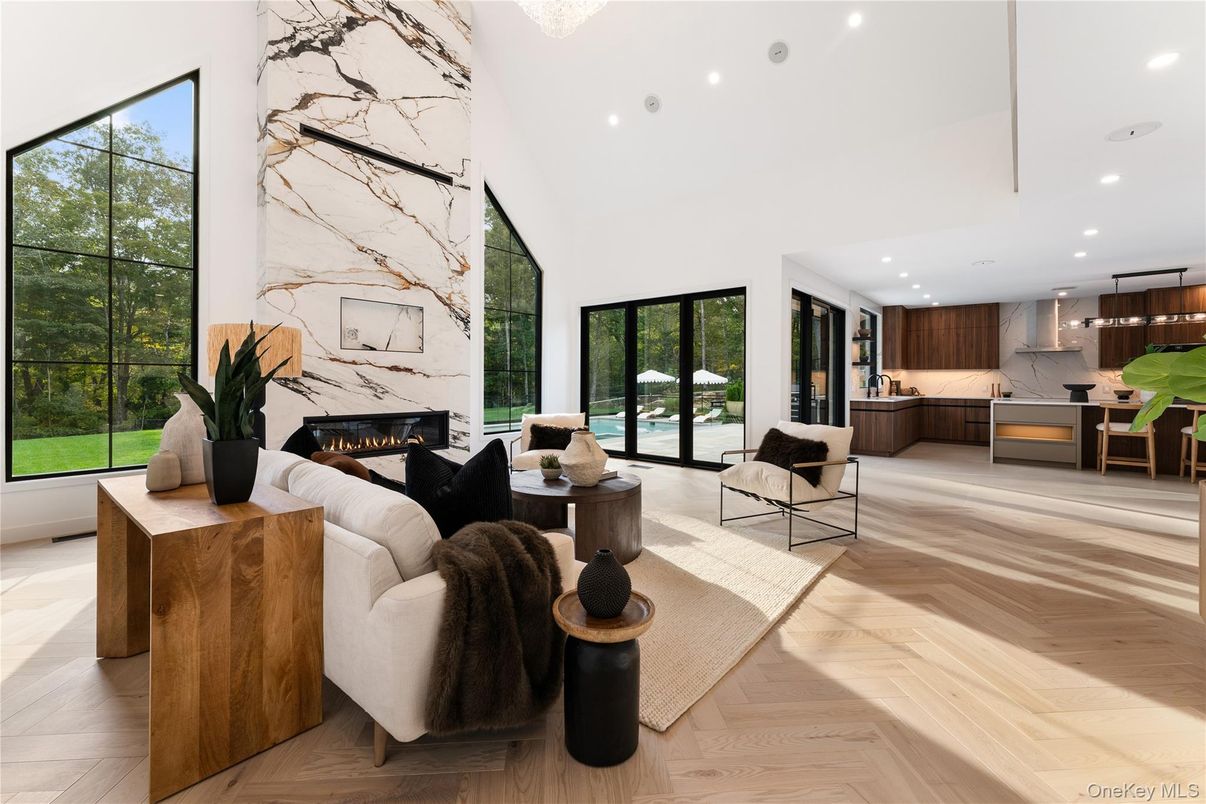 Fireplace, Interior, Kitchen, Living room, Marble Walls, Recessed Lighting, Wood Texture Flooring