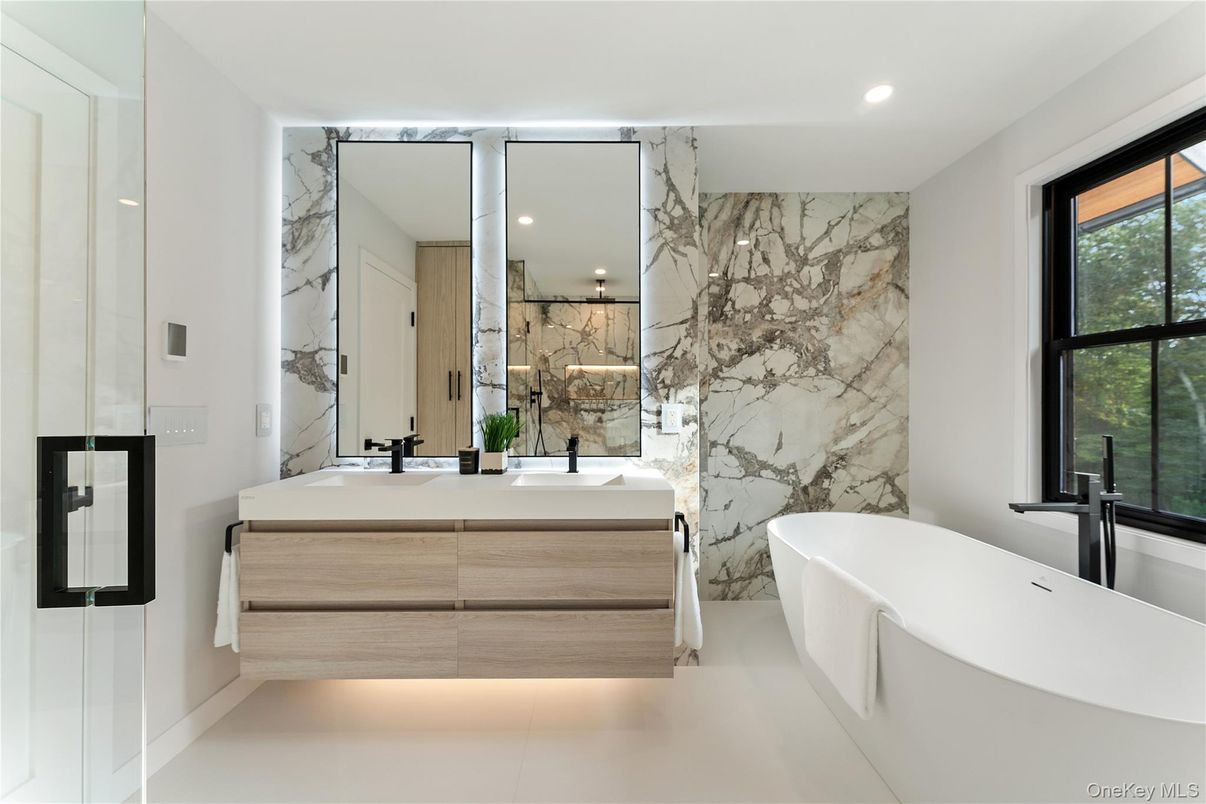 Bathroom, Dual Sink Vanities, Free Standing Baths, Interior, Marble Walls, Recessed Lighting