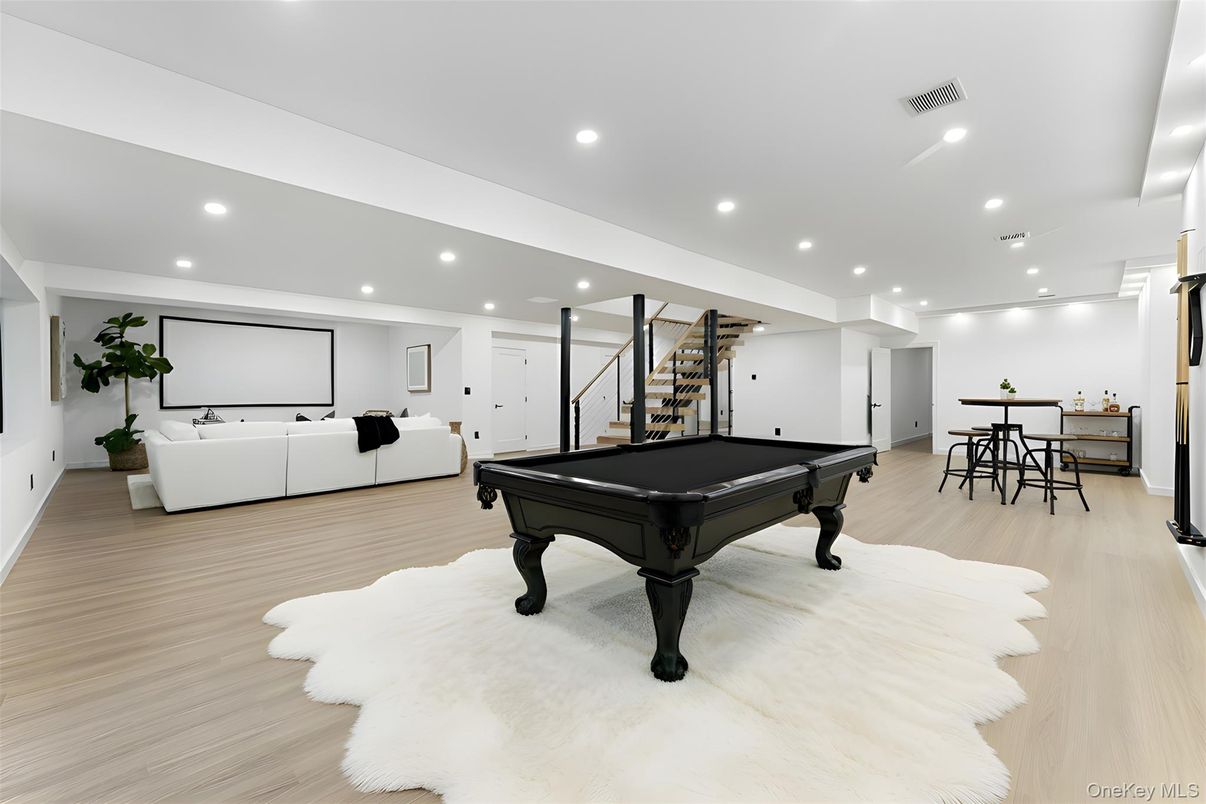Billiard Table, Game Room, Interior, Living room, Projection Screen, Recessed Lighting, Wood Texture Flooring