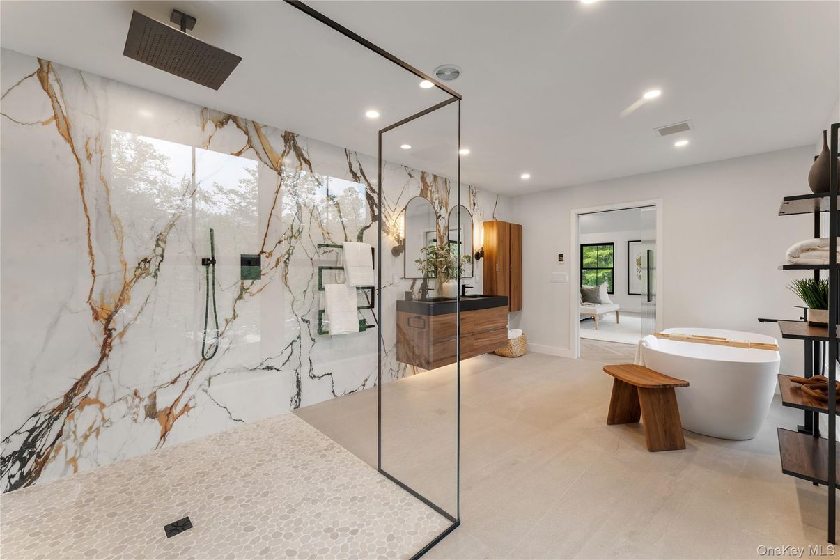 Bathroom, Free Standing Baths, Glass Shower, Interior, Marble Walls, Recessed Lighting