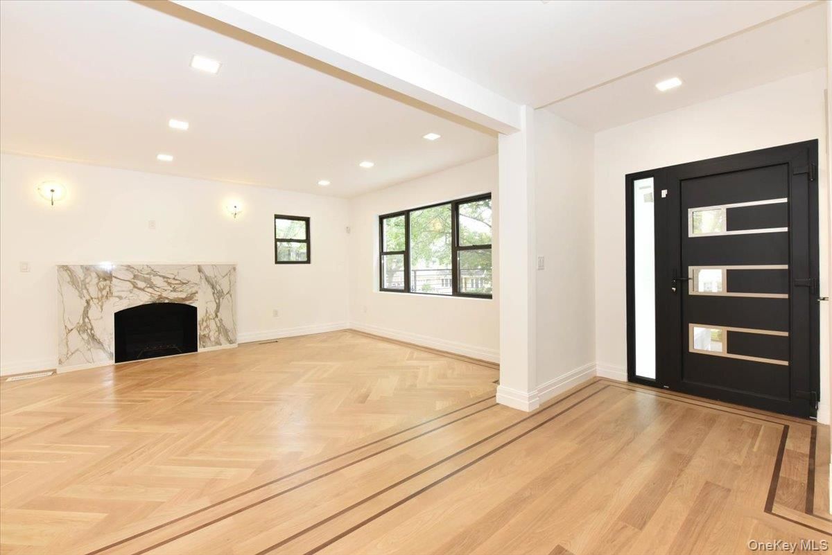 Empty room, Fireplace, Interior, Recessed Lighting, Wood Texture Flooring