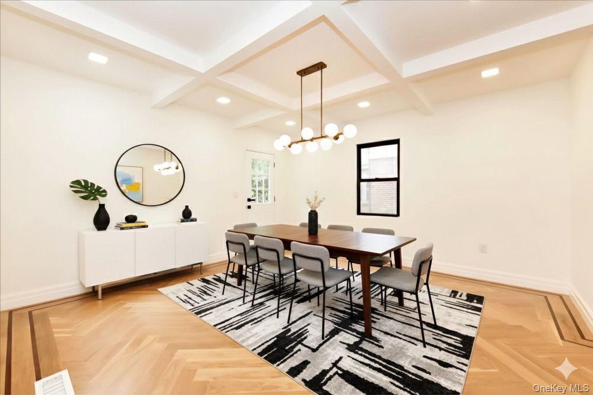 Dining room, Interior, Pendant Lights, Recessed Lighting, Wood Texture Flooring