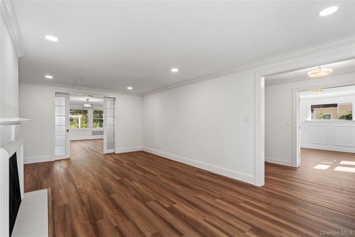 Empty room, Fireplace, Interior, Recessed Lighting, Wood Texture Flooring