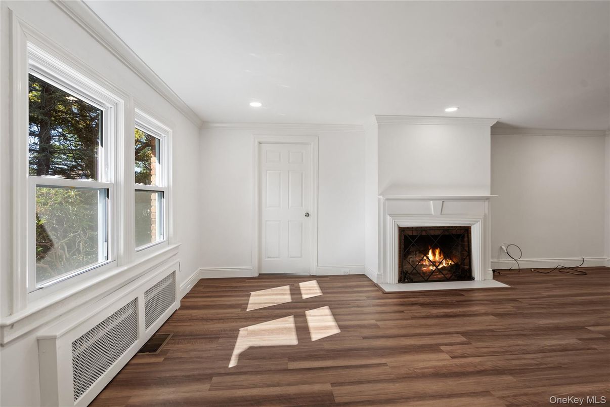 Empty room, Fireplace, Interior, Recessed Lighting, Wood Texture Flooring