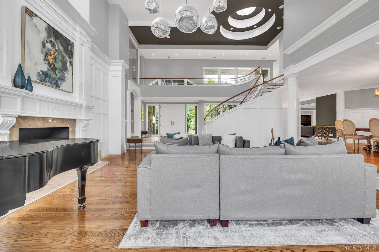 Dining room, Fireplace, Interior, Living room, Pendant Lights, Piano, Recessed Lighting, Wood Texture Flooring