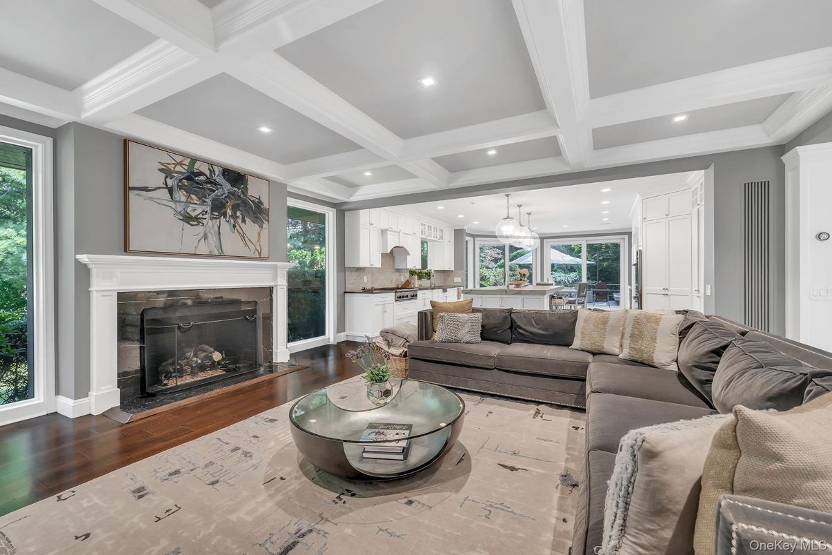 Fireplace, Interior, Kitchen, Living room, Pendant Lights, Recessed Lighting, Wood Texture Flooring